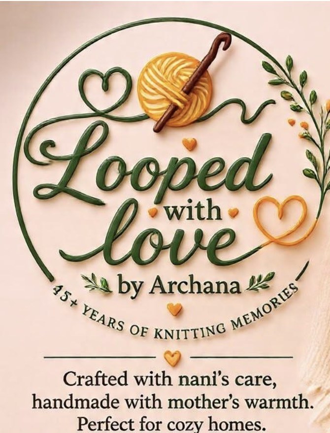 Looped with love by Archana. 45+ years of knitting memories. Crafted with nani's care, handmade with mother's warmth. Perfect for cozy homes.